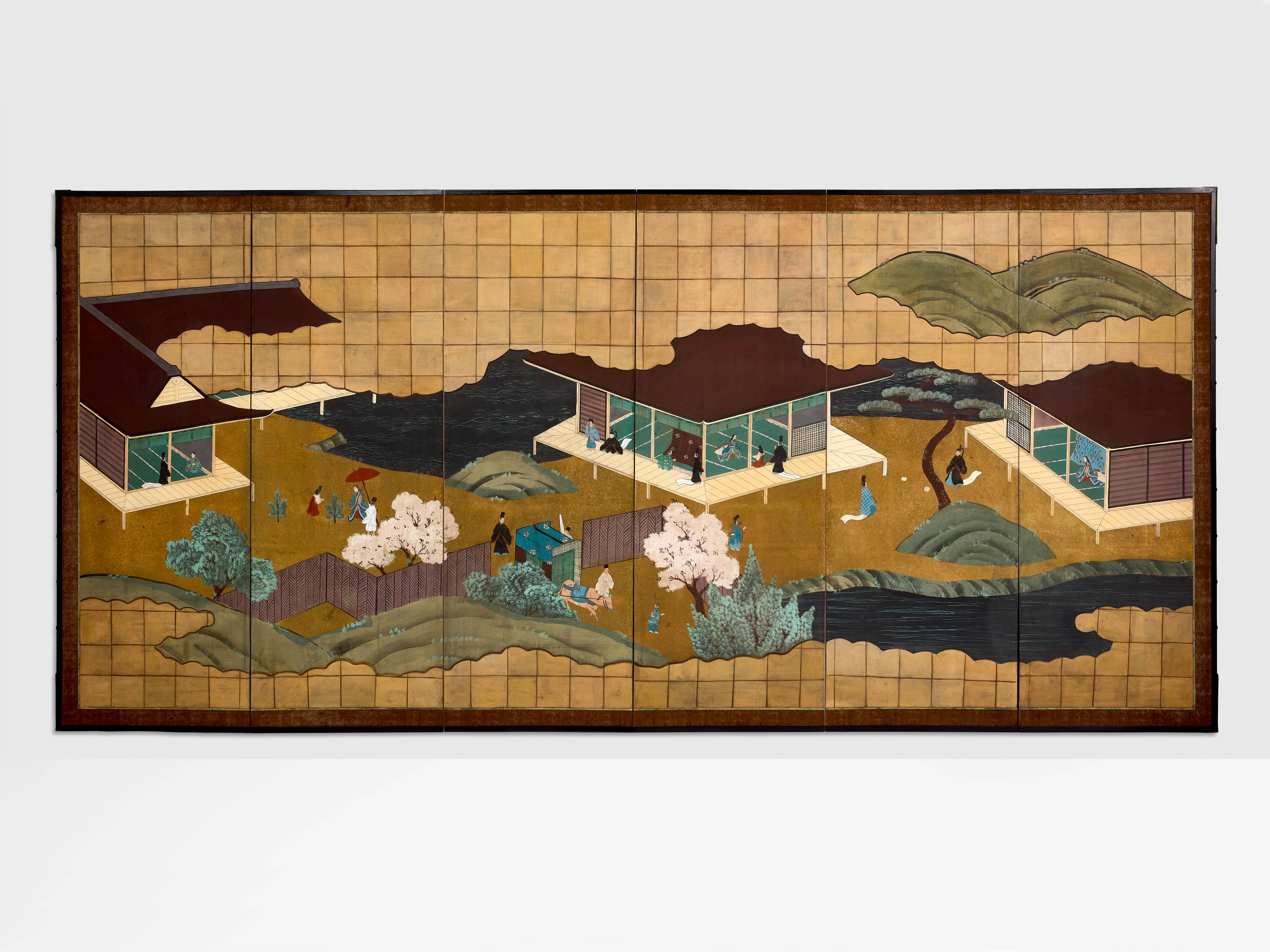 Japanese six-panel Byobu screen on paper, Edo period, 19th century