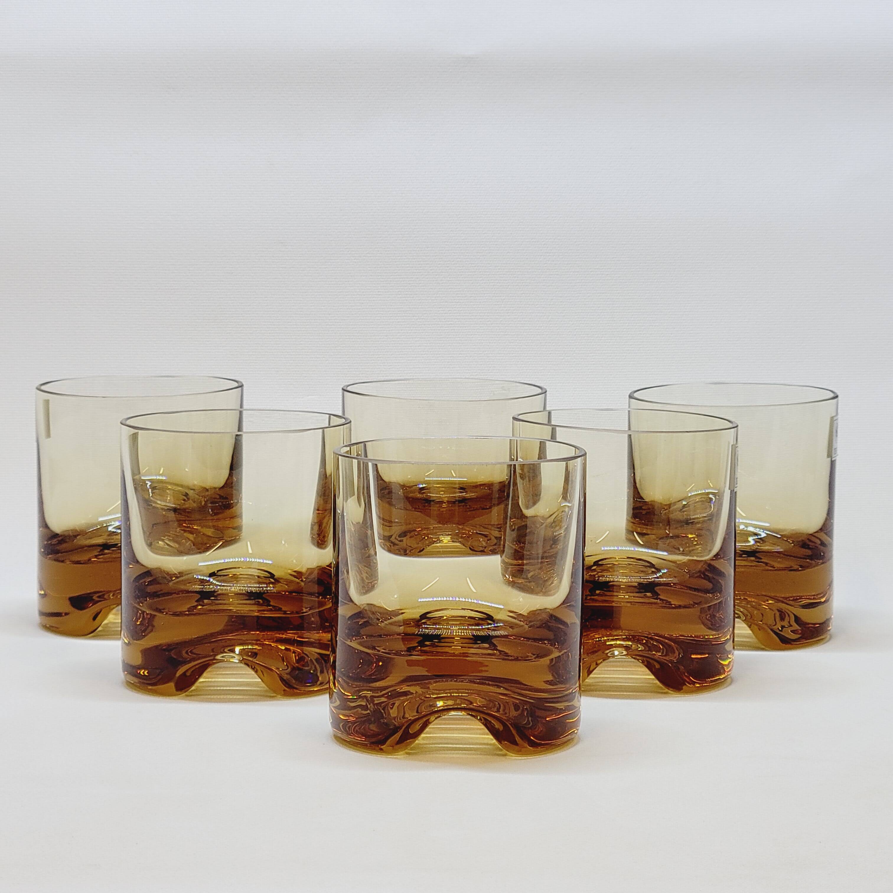 Verreries lorraines cristal set of 6 thick amber whiskey glasses vintage design