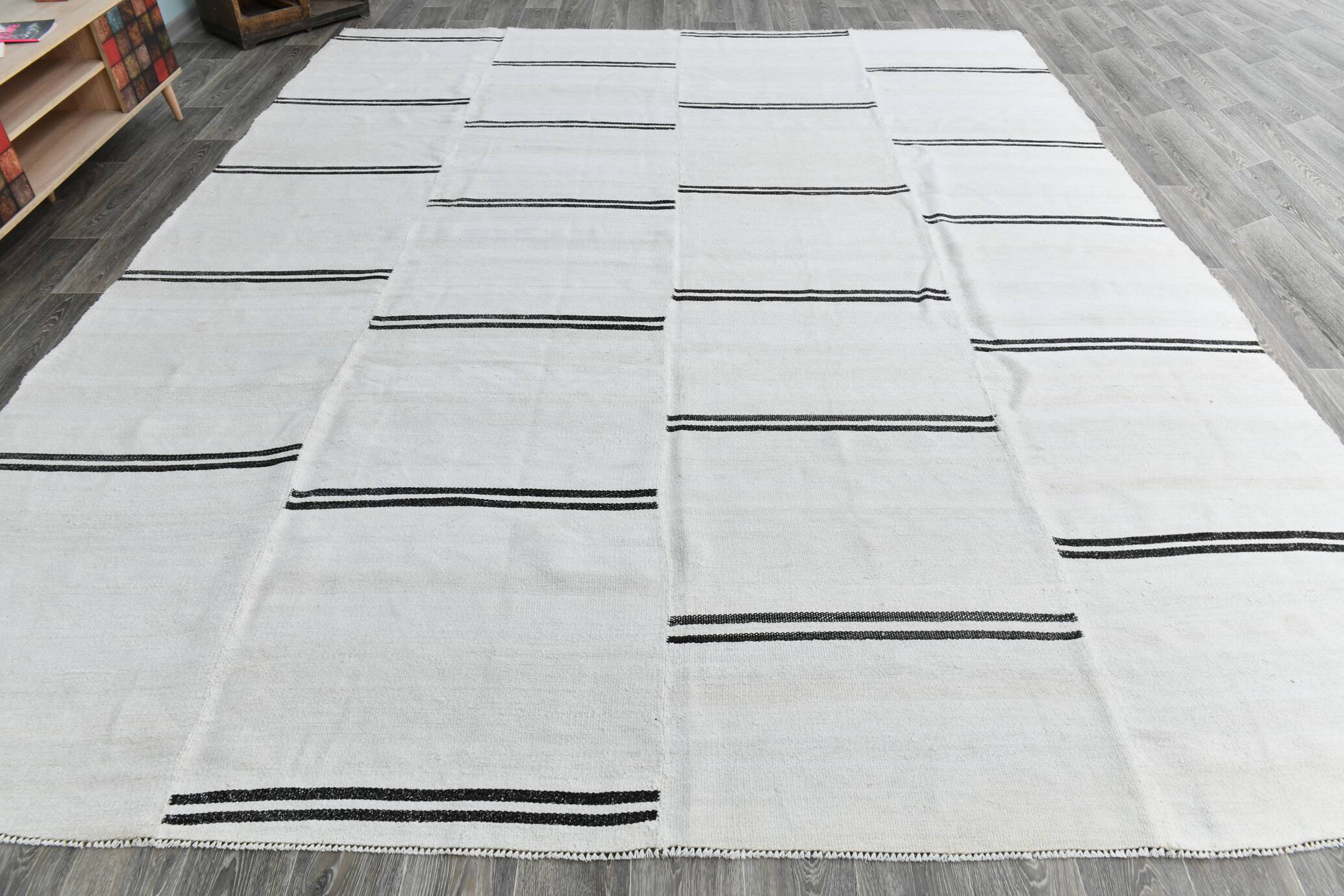 %100 Wool Beige & Black Striped Vintage Kilim Rug, 309x366 Cm