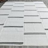 %100 Wool Beige & Black Striped Vintage Kilim Rug, 309x366 Cm