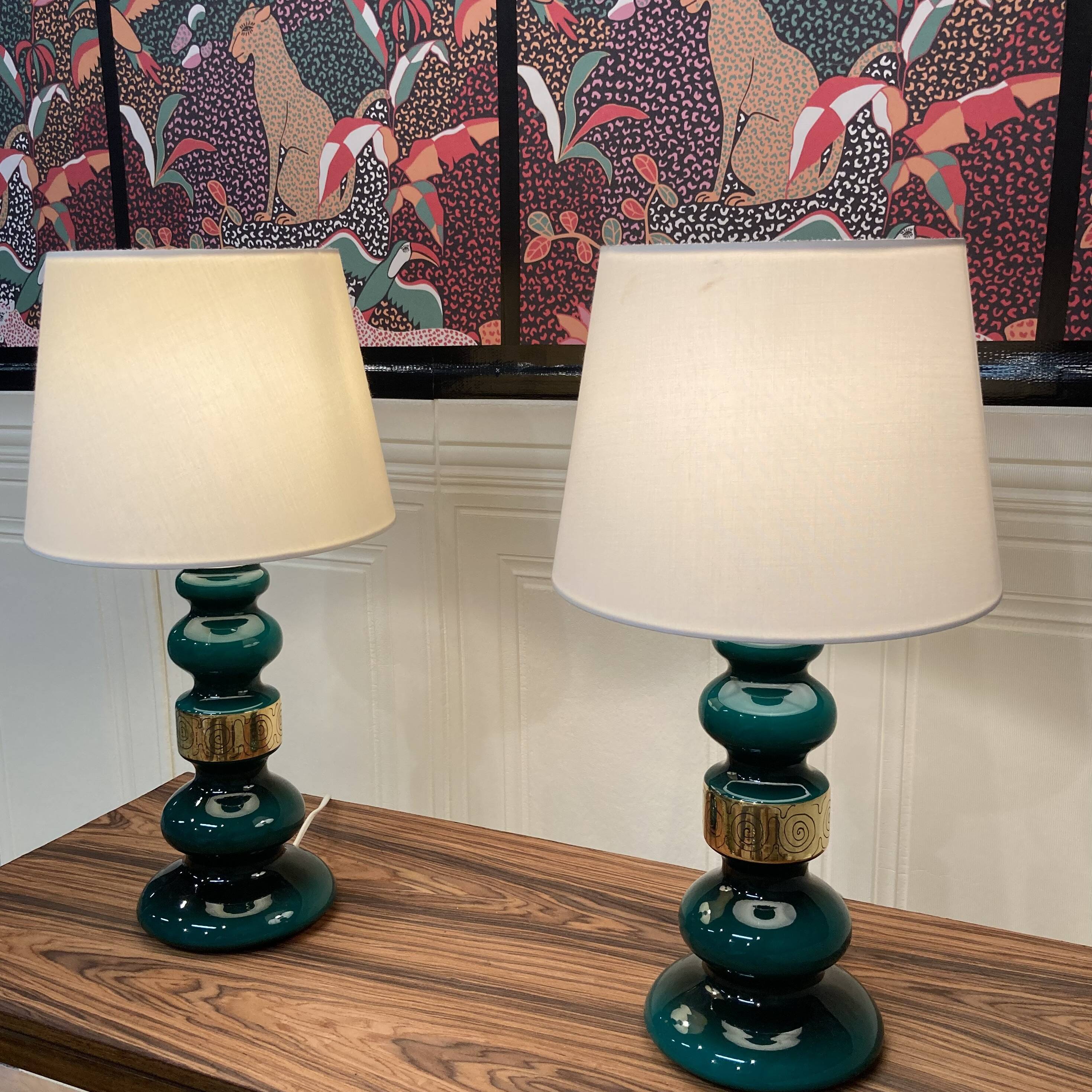 Paire de grandes lampes verre design scandinave 1950.