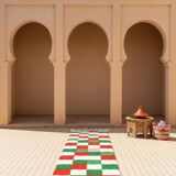 Tapis de couloir marocain de Noël – Tapis de couloir en laine à carreaux rouges et verts 300 x 70