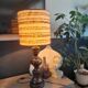 Grande lampe vintage pied bois abat-jour laine bouclettes - Ref 1025