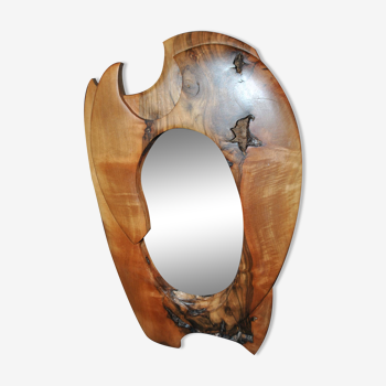 Vintage oval mirror in carved olive wood - free form modernist designer 1960-1970