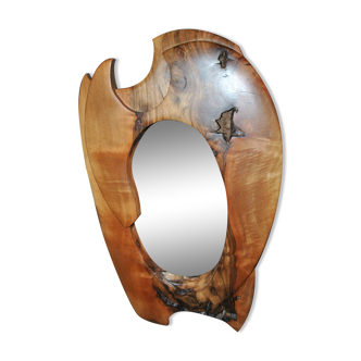 Vintage oval mirror in carved olive wood - free form modernist designer 1960-1970
