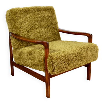 Wooden vintage brown armchair Khaki / Olive long hair Fox by Z. Bączyk - 2 pieces available