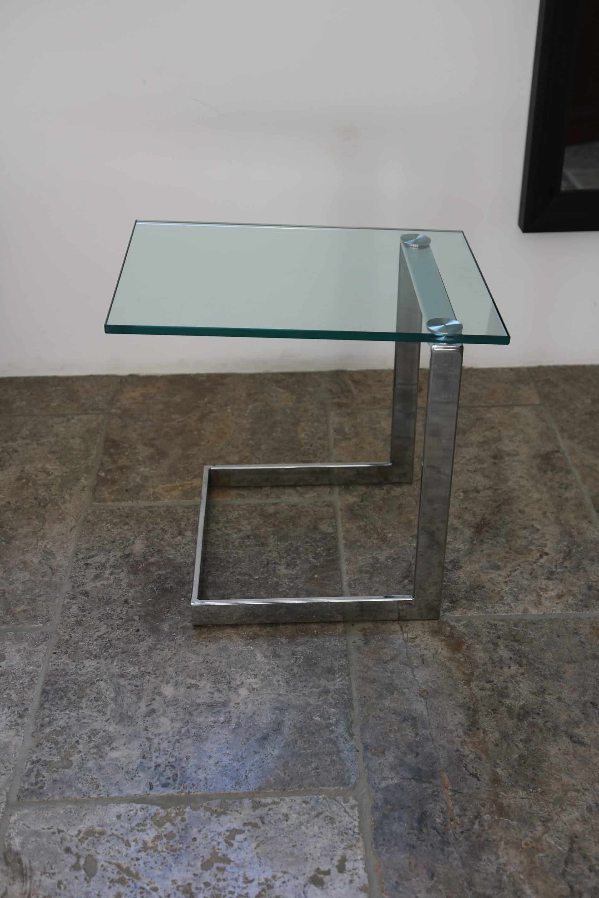 Table d’appoint verre, chrome  « Gebra », années 80, étiquette d'origine