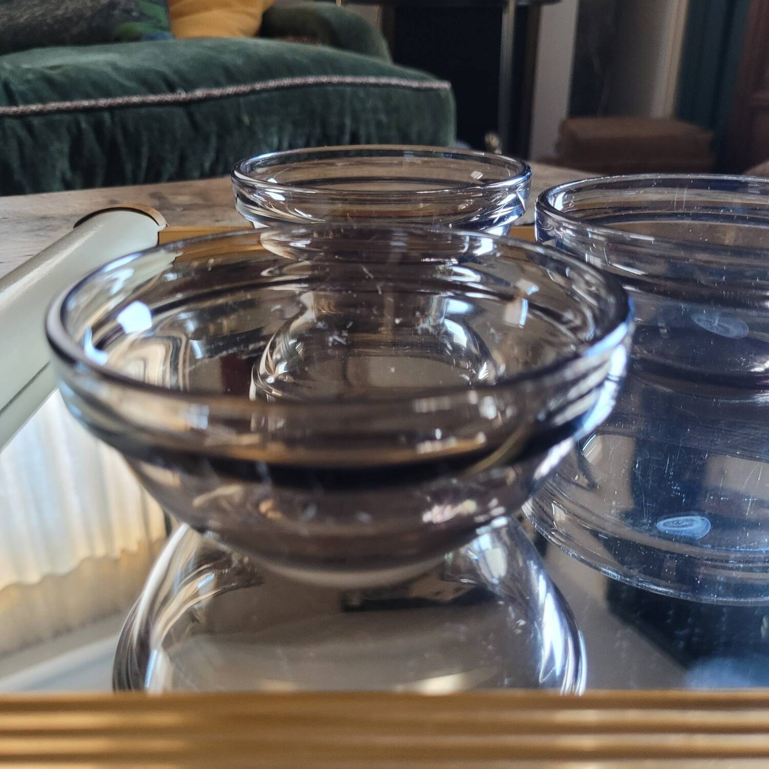5 Arcoroc smoked bowls, stackable tempered glass, 1970s