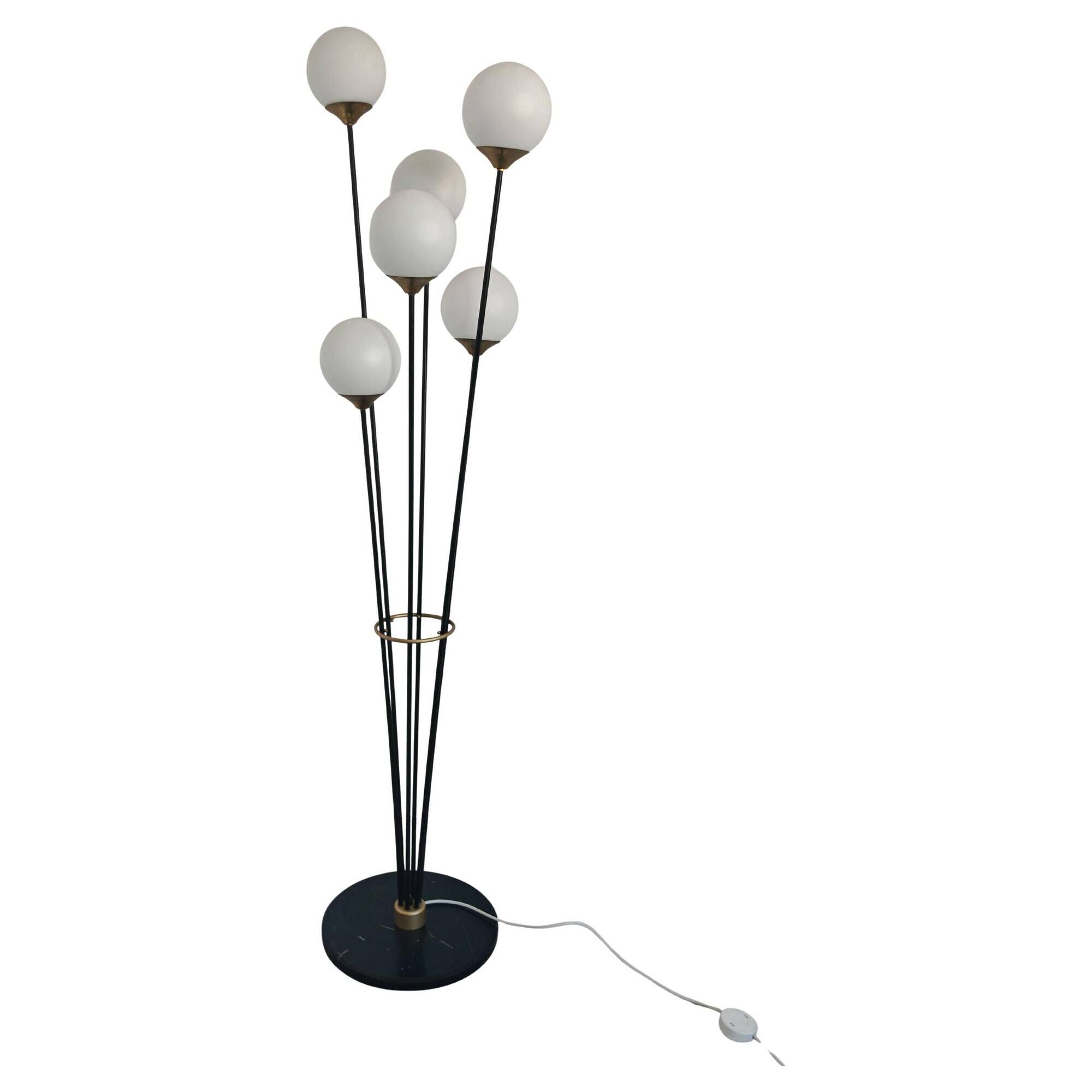 Mid Century Modern floor lamp in brass, marble, and opaline glass attributed to Stilnovo.
