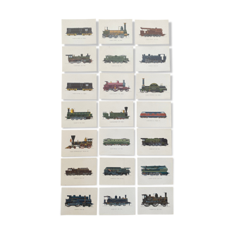 Set of 21 vintage silkscreen prints of old trains