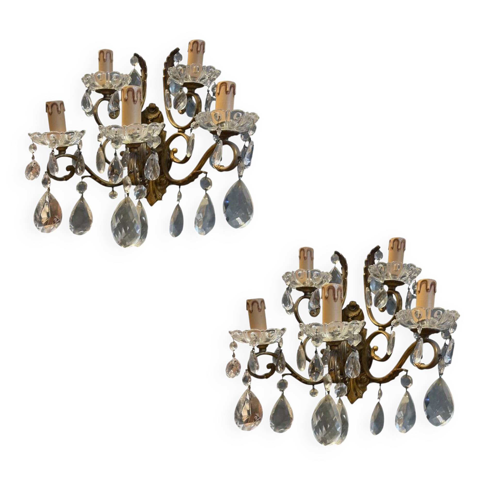 Large Bronze and Crystal Wall Sconces, Set of 2, Italy, 1950s
