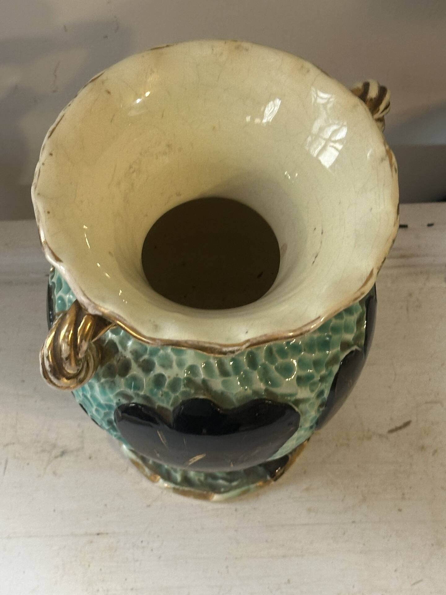 Pair of Vallauris vases in turquoise and black ceramic enhanced with o