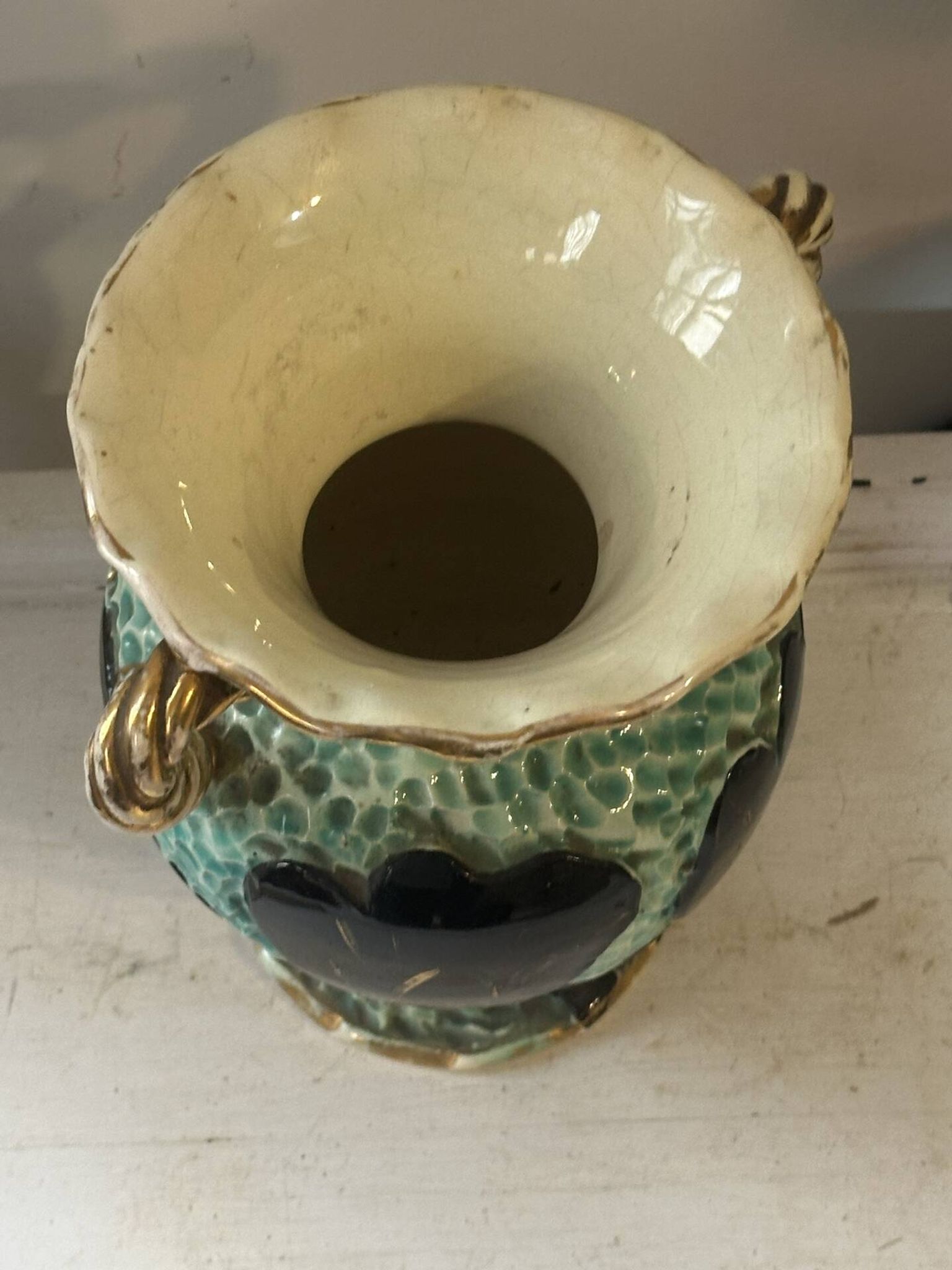 Pair of Vallauris vases in turquoise and black ceramic enhanced with o