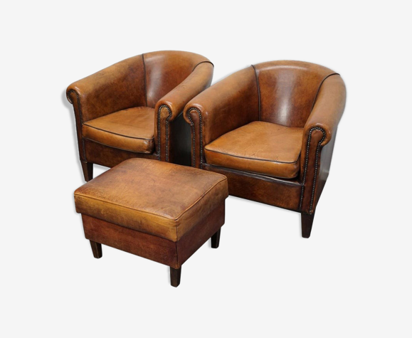 Set de 2 fauteuils club avec repose-pieds vintage en cuir Pays-Bas
