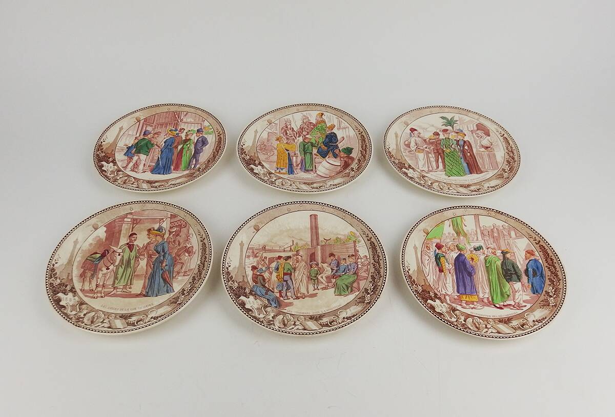 Six Sarreguemines plates "Universal Exhibition" from 1889