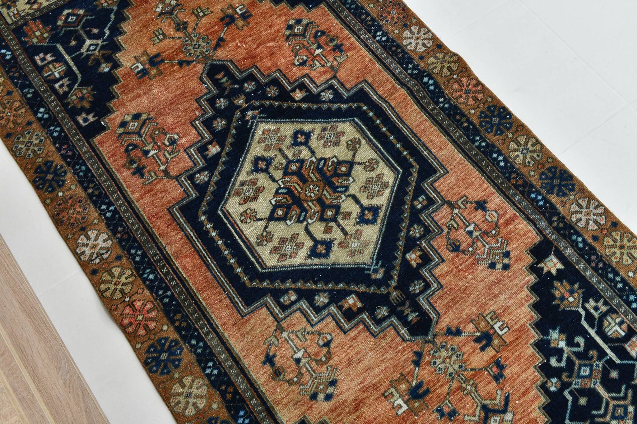 Tapis persan géométrique rouge bleu marine 3x7, 102x223 cm