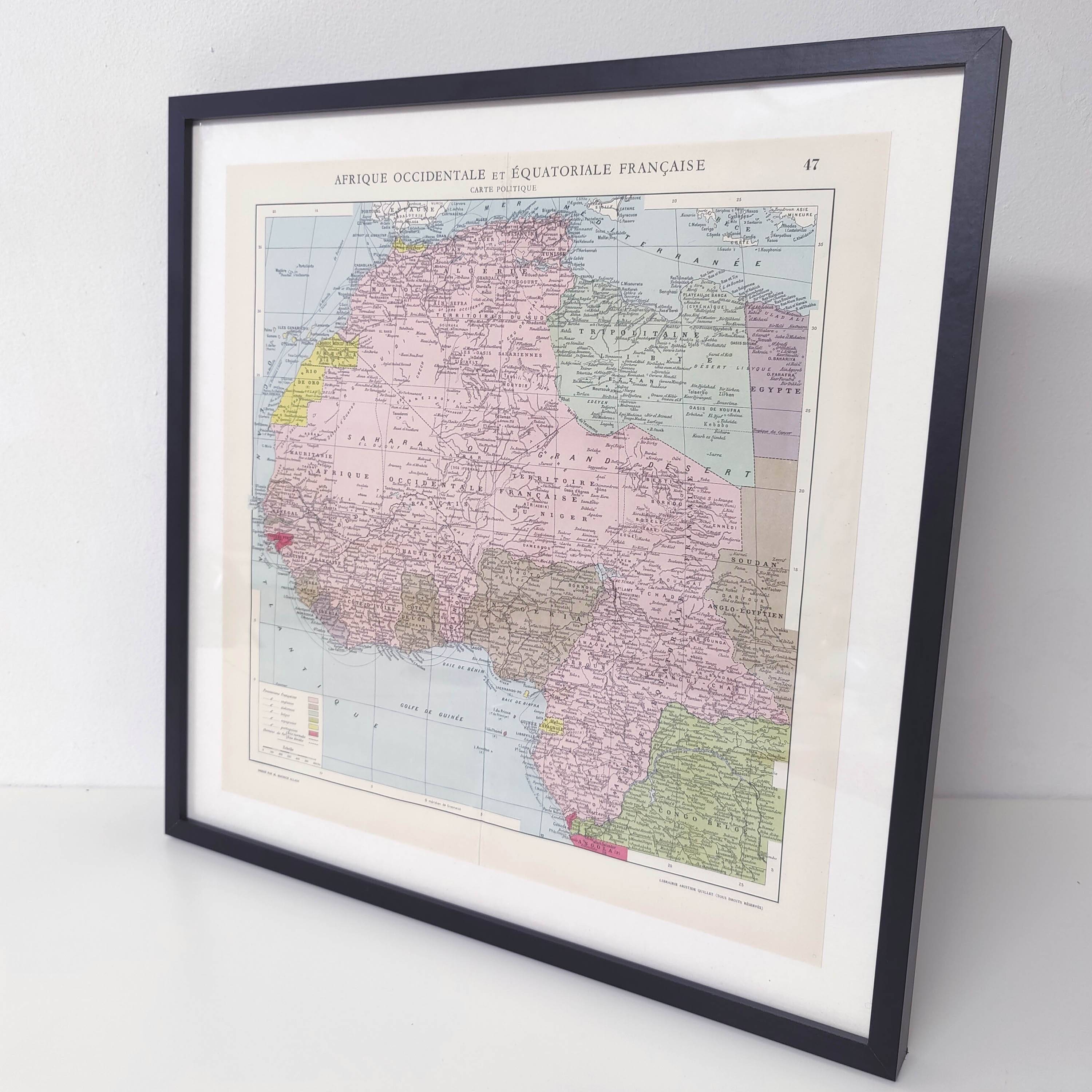 Antique map of French West and Equatorial Africa in 1950 43x43cm