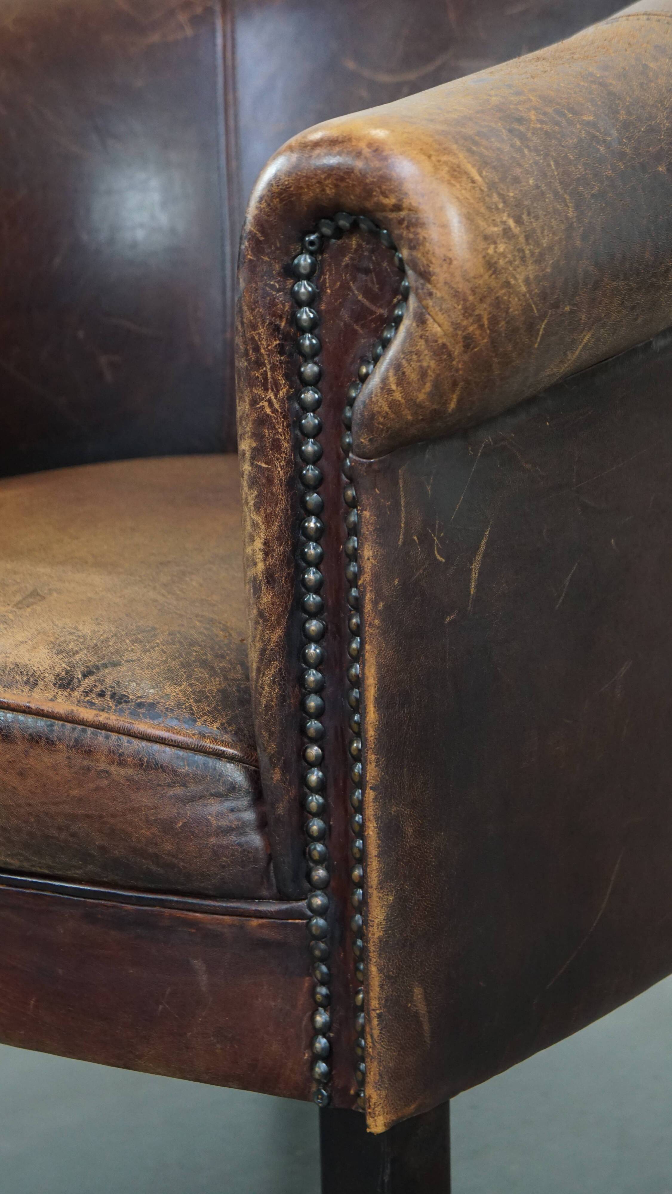 Sheep leather club chair finished with decorative nails