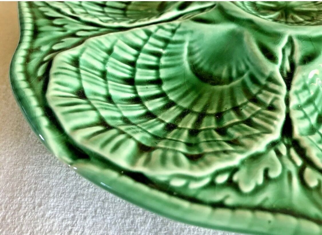 7 old oyster plates Sarreguemines green slurry