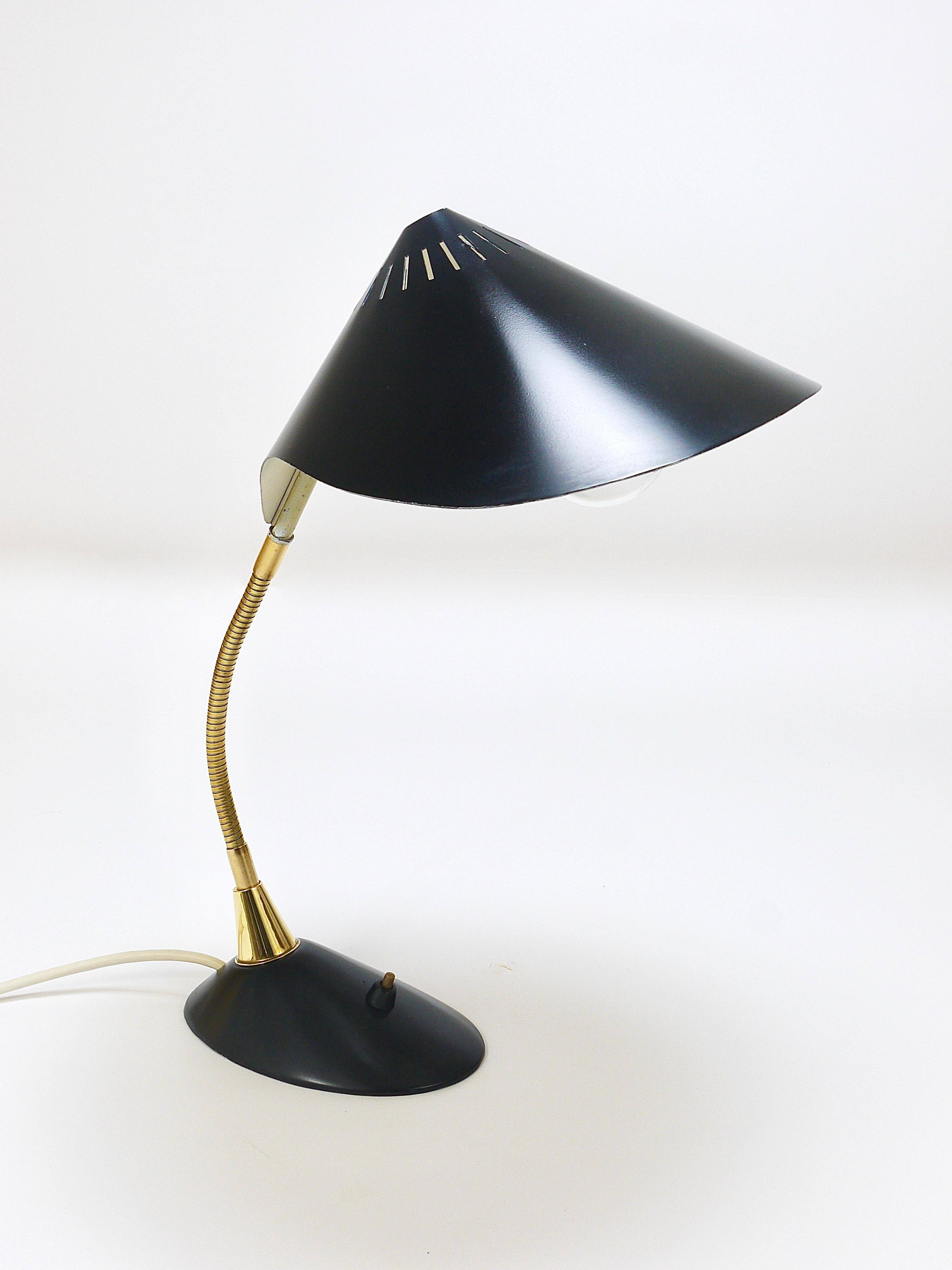 1950s Cosack Cobra black desk or table lamp in brass, mid-century, Stilnovo style.