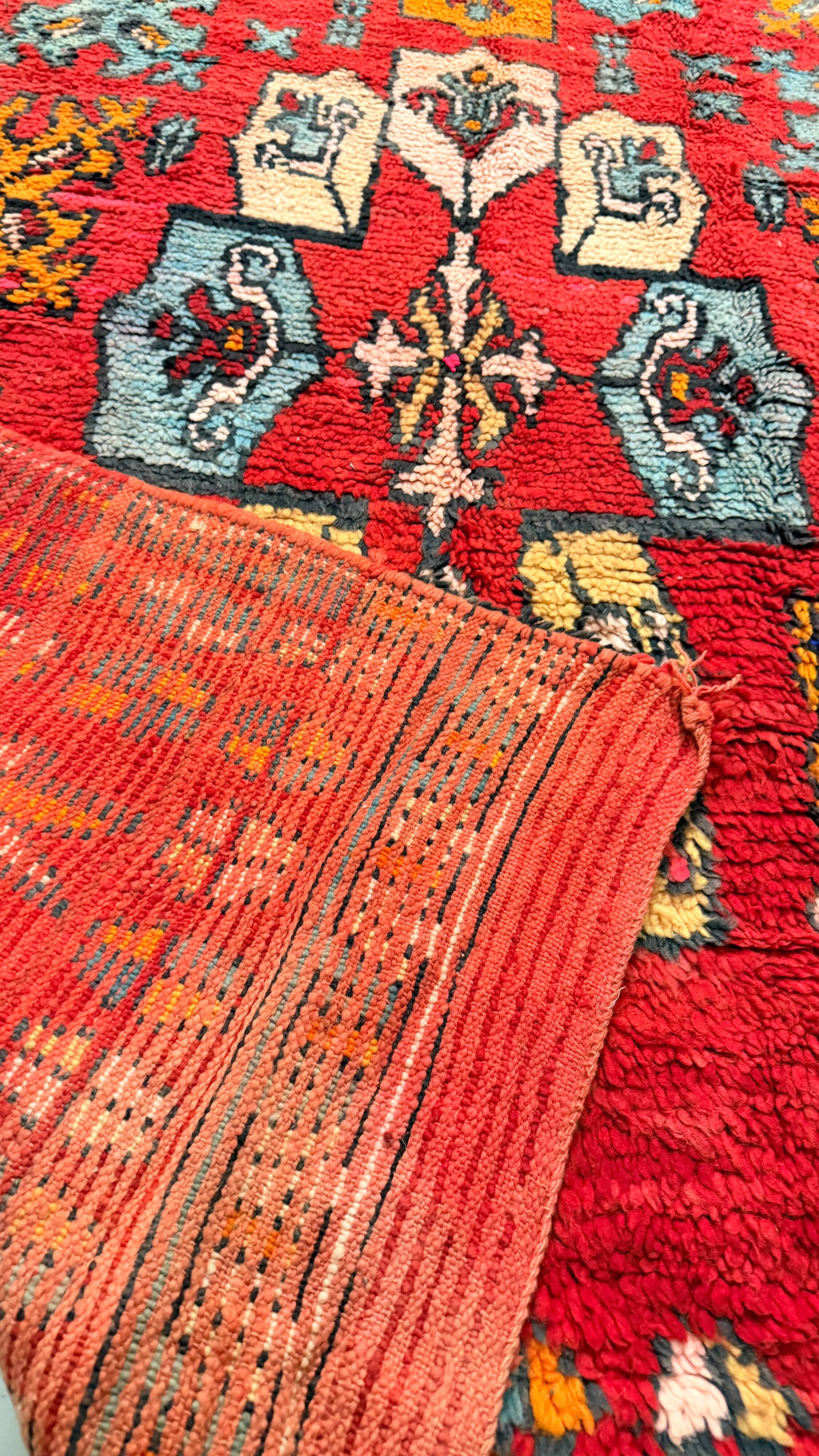 Vintage red Berber rug with multicoloured patterns - 145 x 300 cm