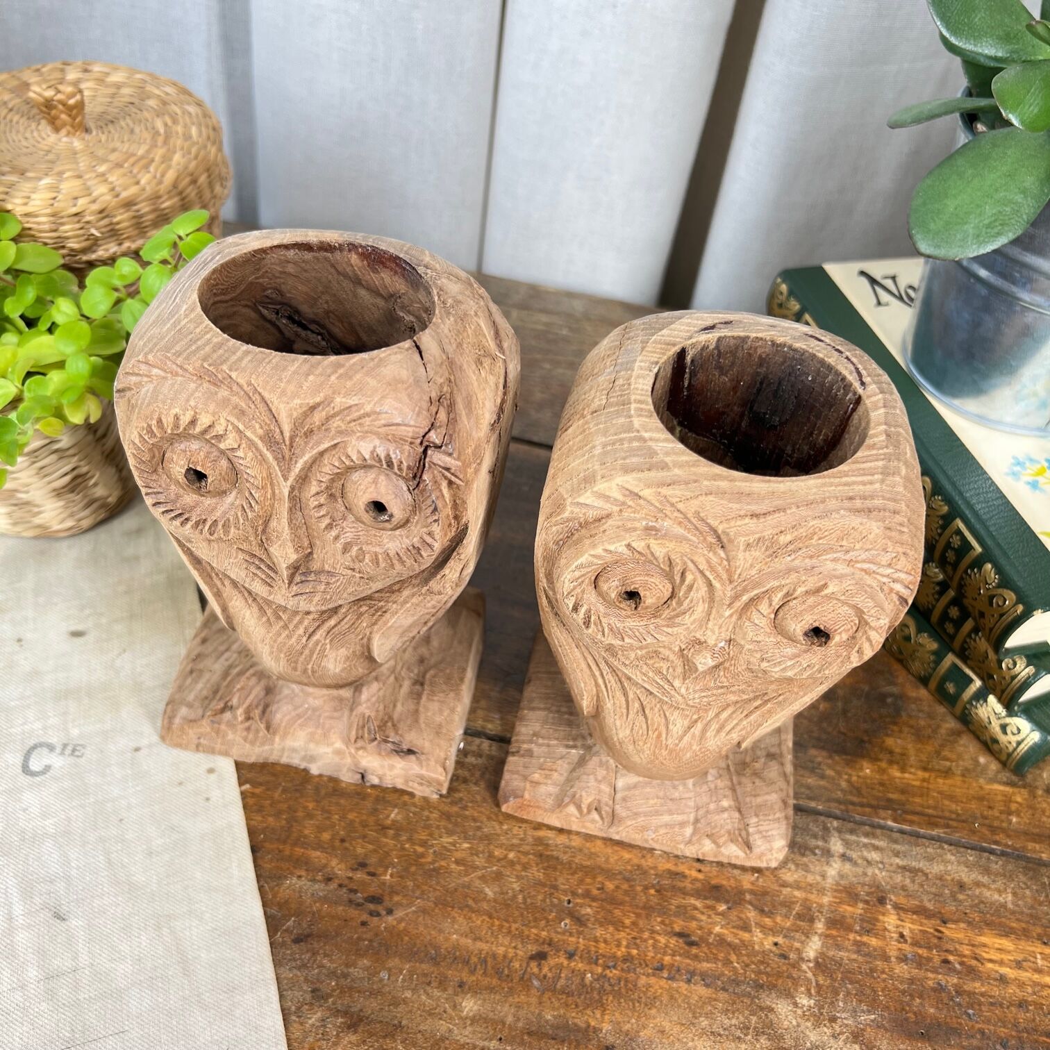 Pair of wooden "owl" candlesticks