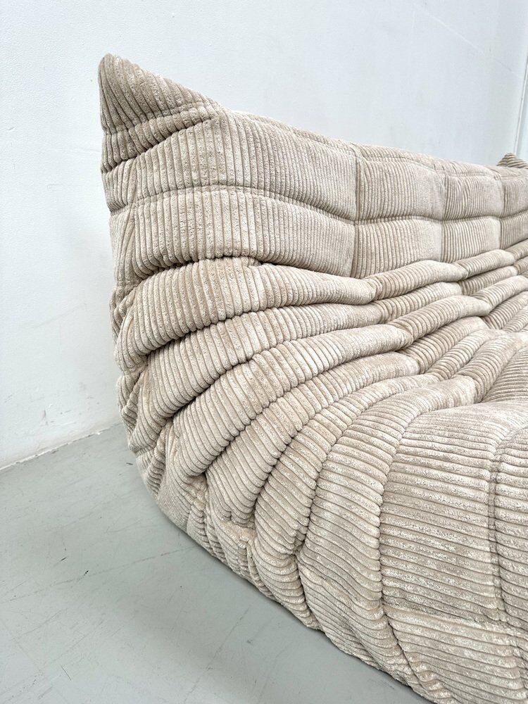 French Togo 3-seater sofa in beige corduroy attributed to Michel Ducaroy for Ligne Roset, 1970s