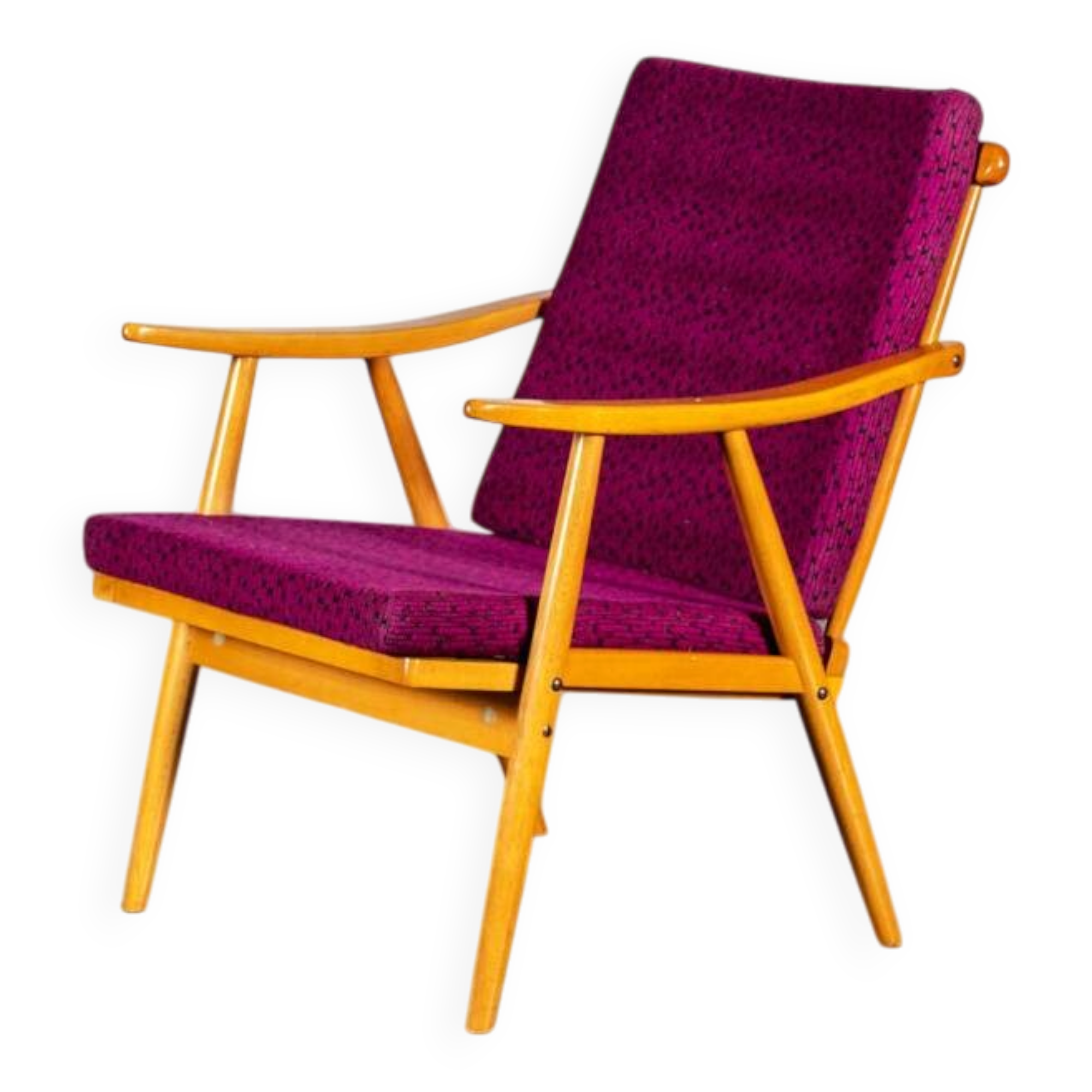 Boomerang armchair in mauve fabric
