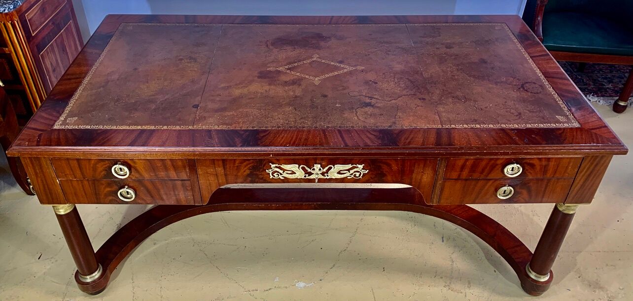 Empire flat desk, mahogany, double-sided, gilded bronzes