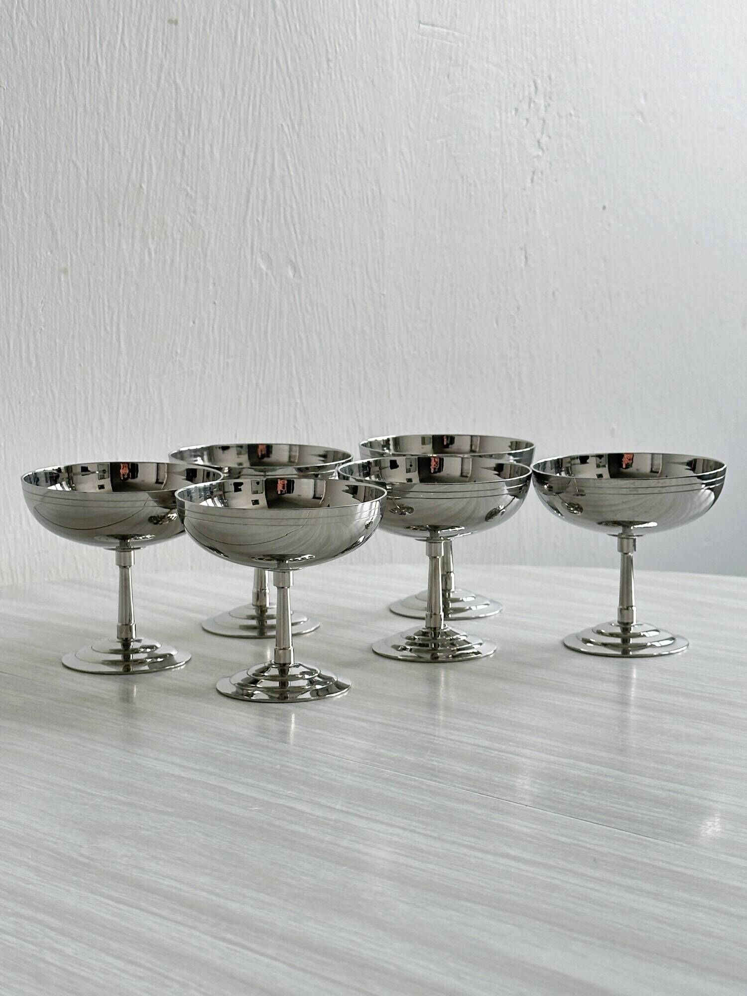 6 Letang Remy stainless steel standing cups, made in France.
