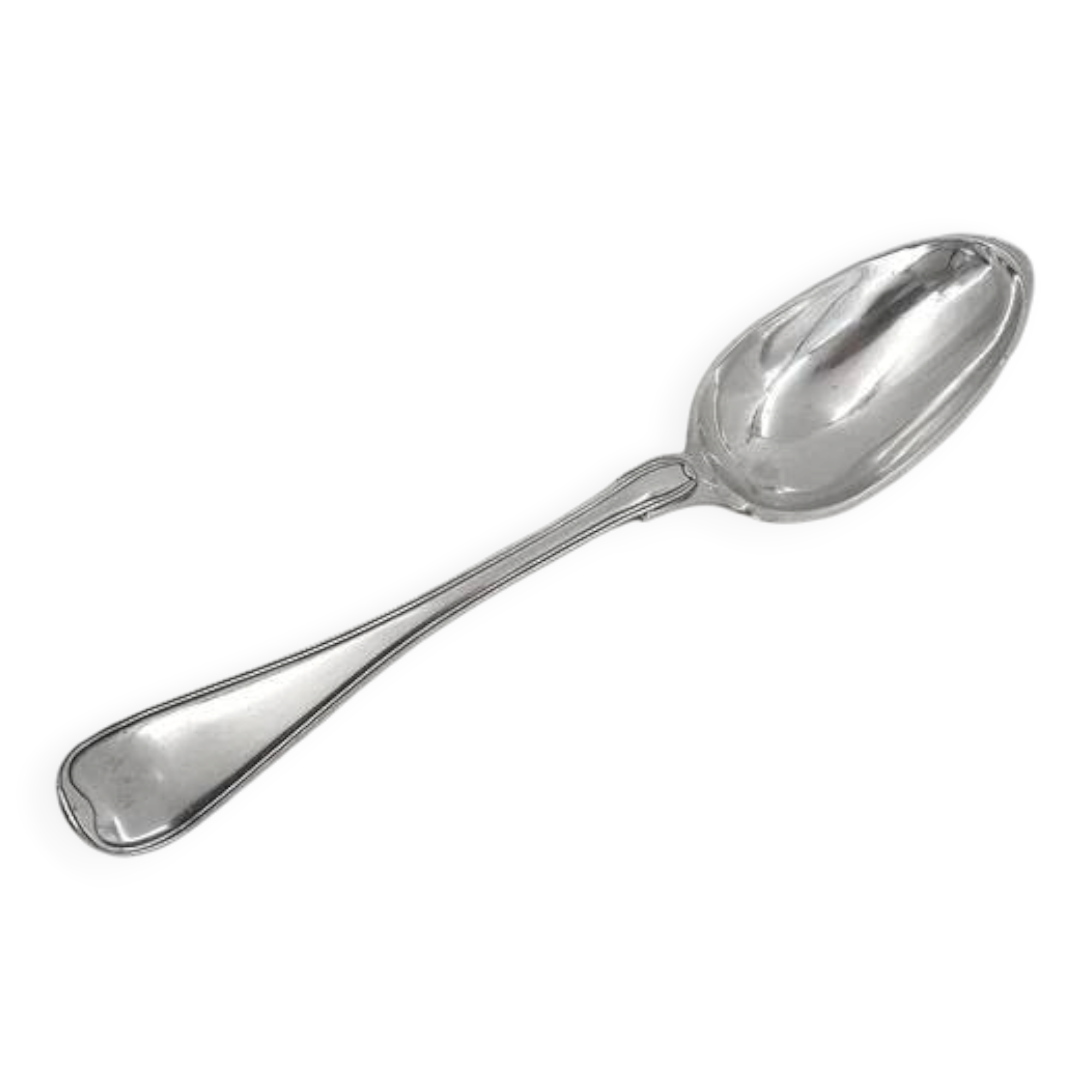 Serving spoon, silver, 18th century, straight thread pattern.