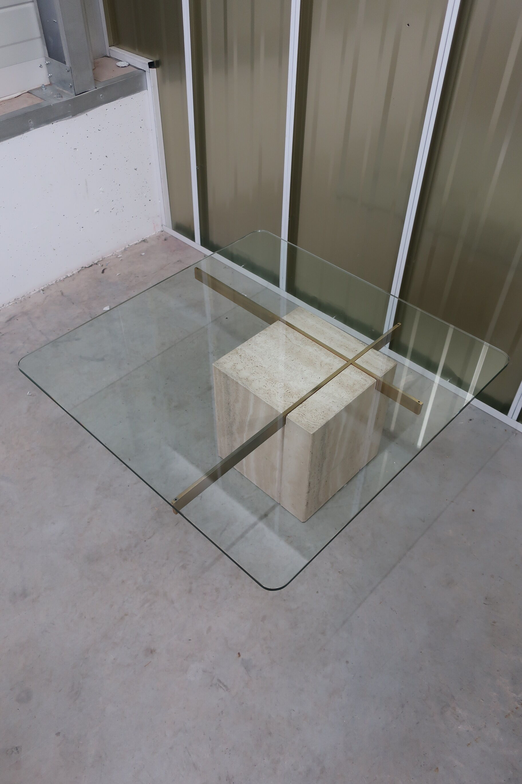 70s travertine and brass coffee table