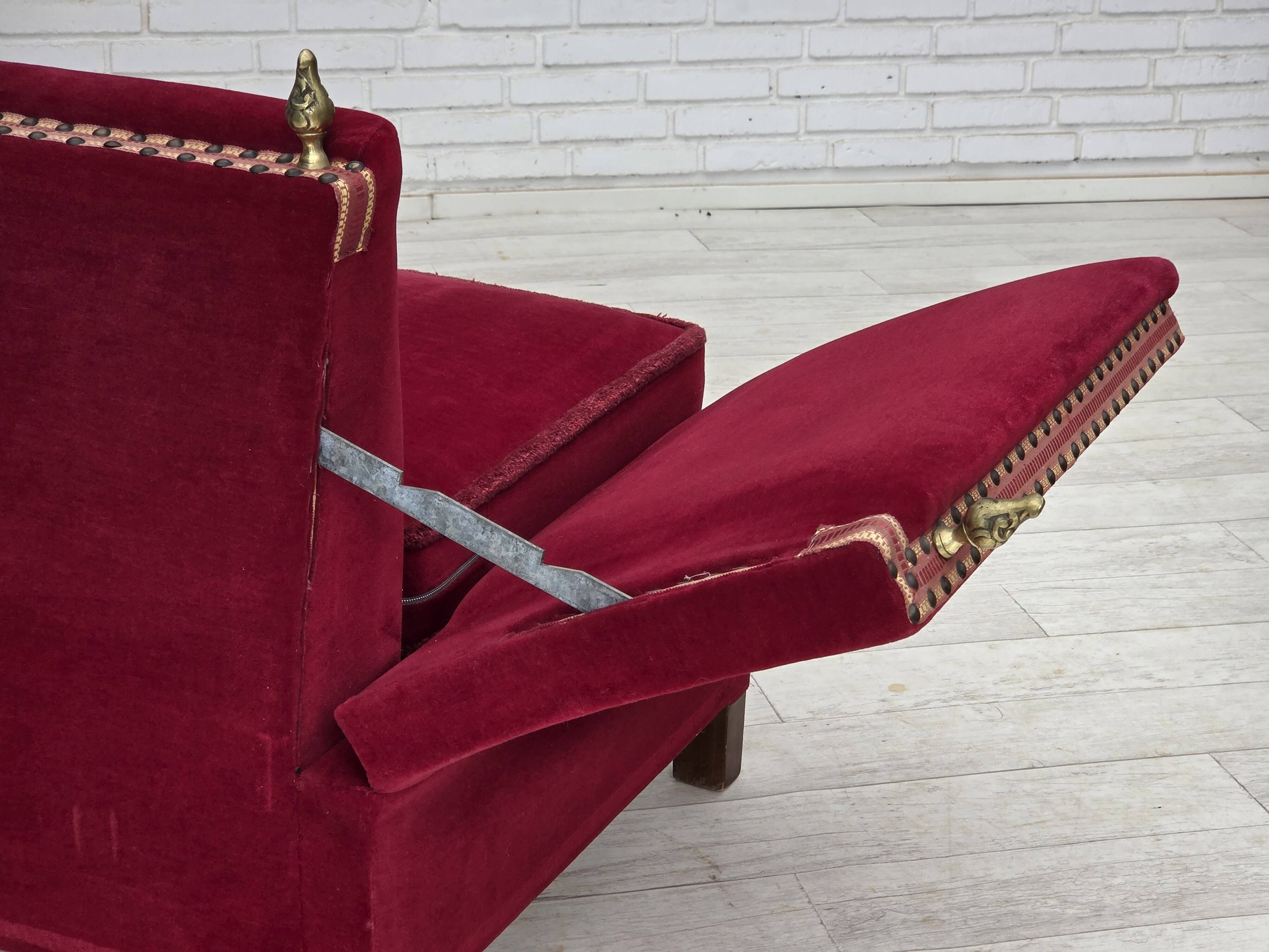 1970s, Danish 2-seater "Spanish" drop arm sofa, red furniture velour.