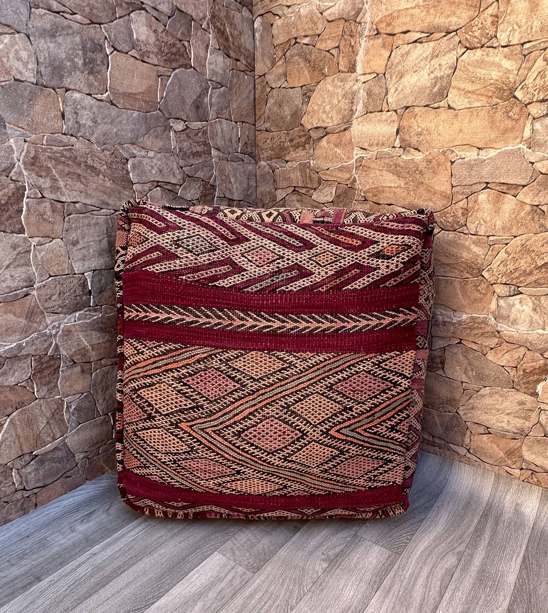 Outdoor Kilim Pouf - Moroccan Throw Pouf - Berber Ottoman Pouf - Oriental Pillow