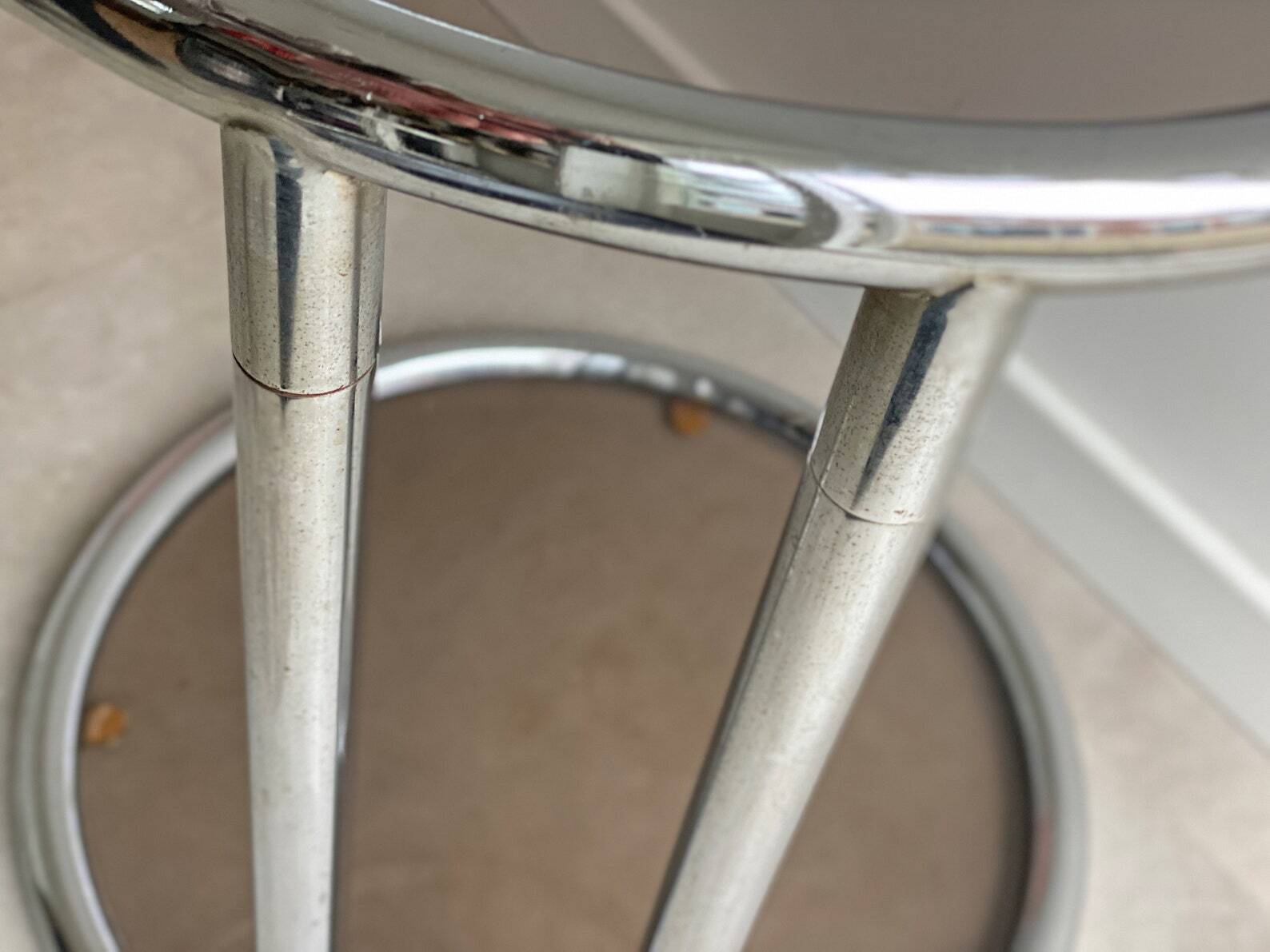 Vintage chrome Bauhaus side table with a smoked glass top, Eileen Gray / Milo Baughman style