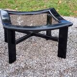 70s design coffee table in black lacquered wood with smoked glass top