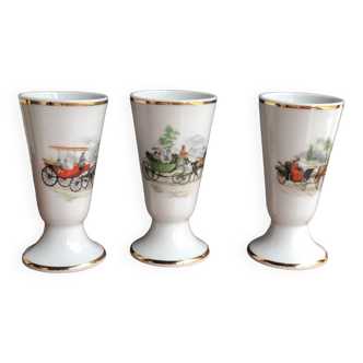 Lot of 3 mazagrans in Limoges porcelain with carriage decoration