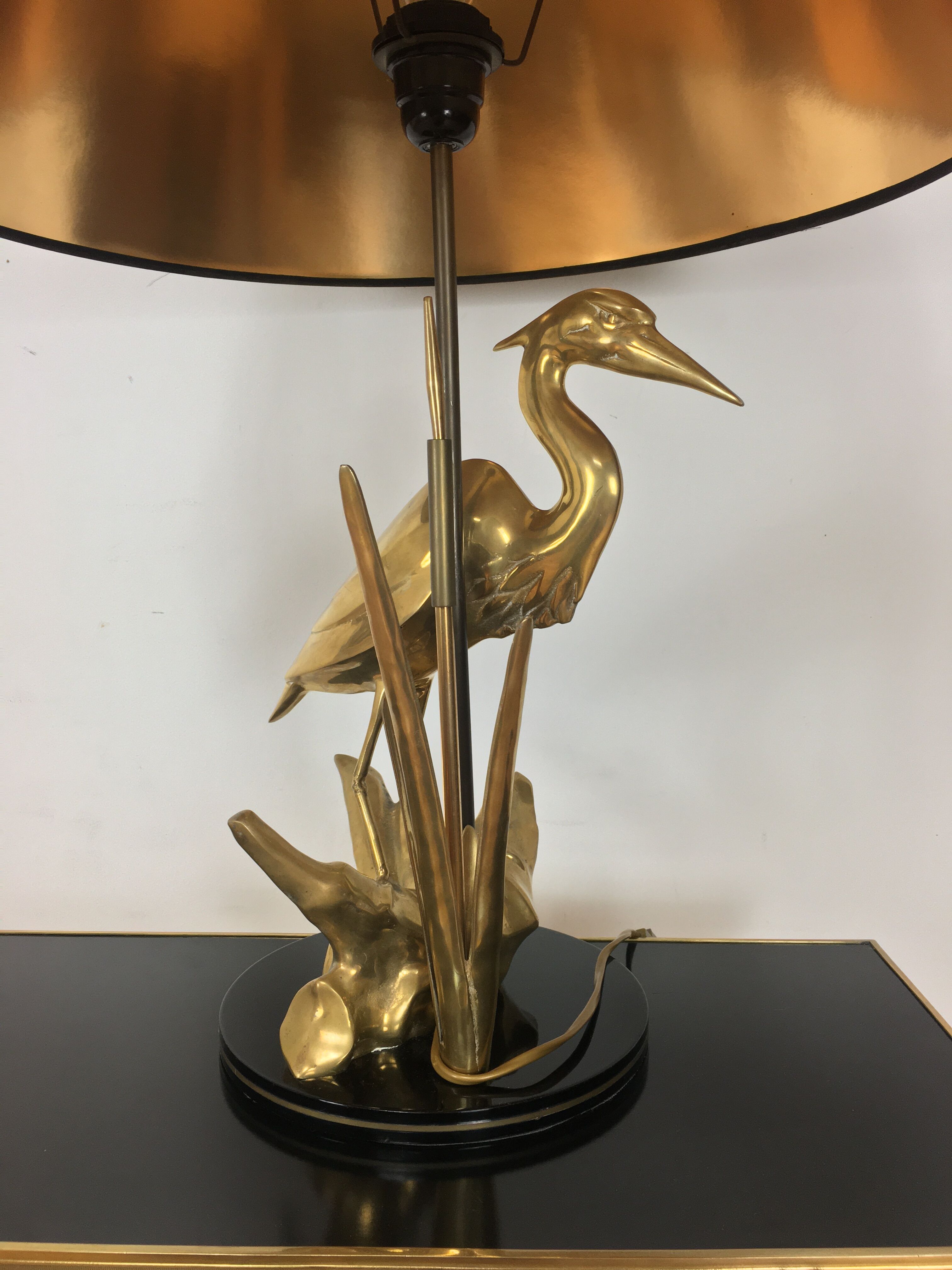 Heron lamp, golden brass animal style