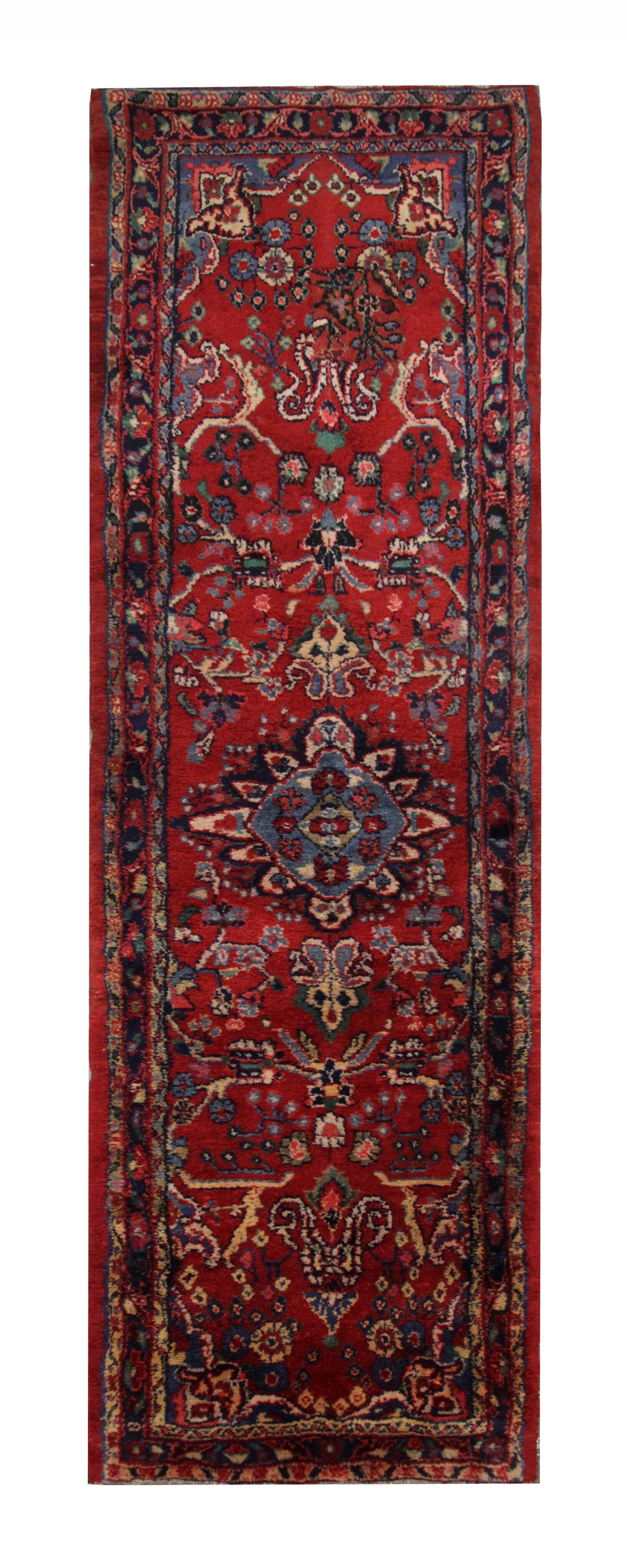 Handmade Red Floral Wool Runner, Vintage Mid-Century Stair & Hallway Rug