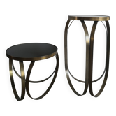 2 tables rondes pied métal doré dessus verre noir