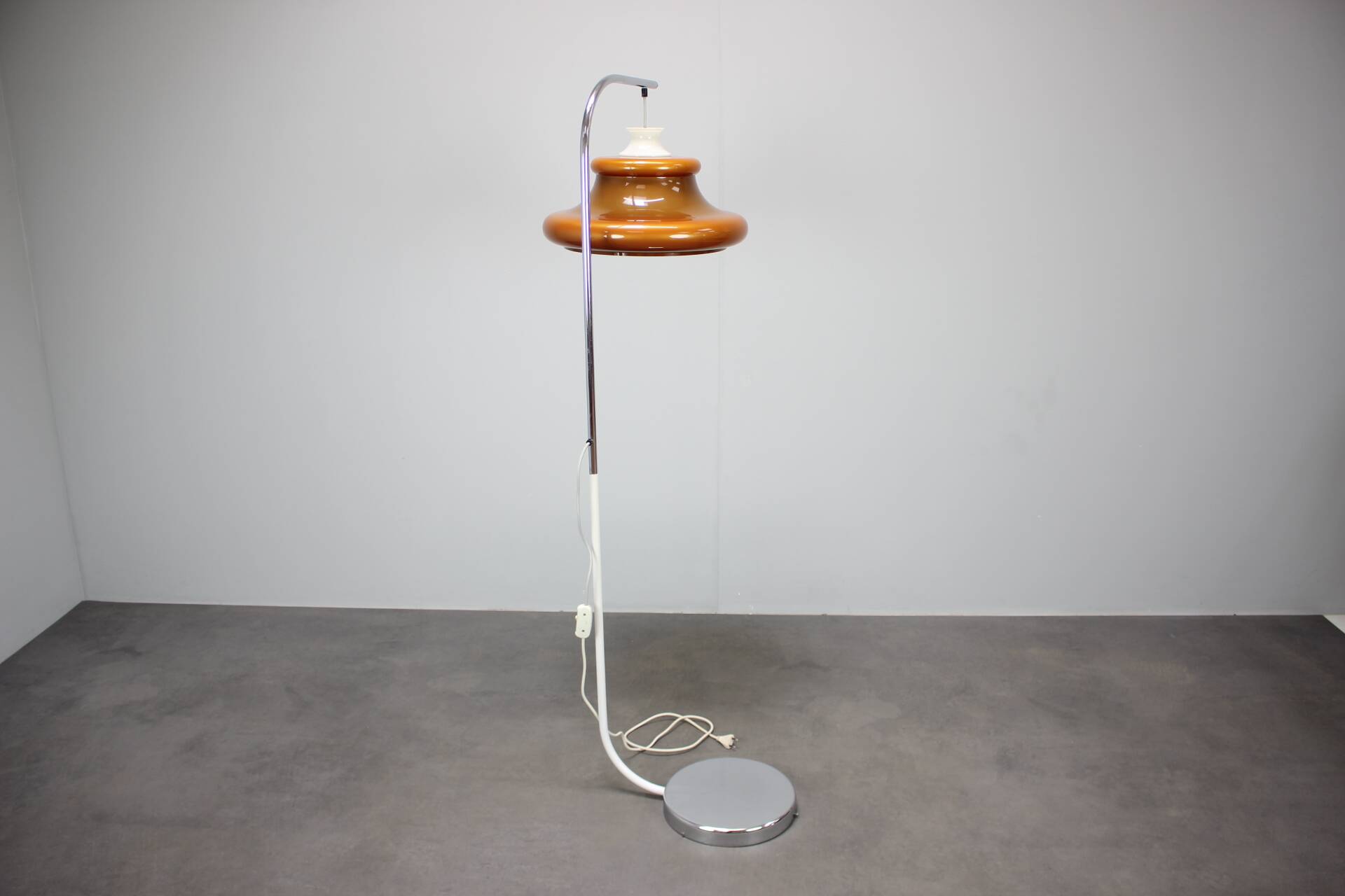 1970s Hungarian space age floor lamp in orange plastic and chrome.