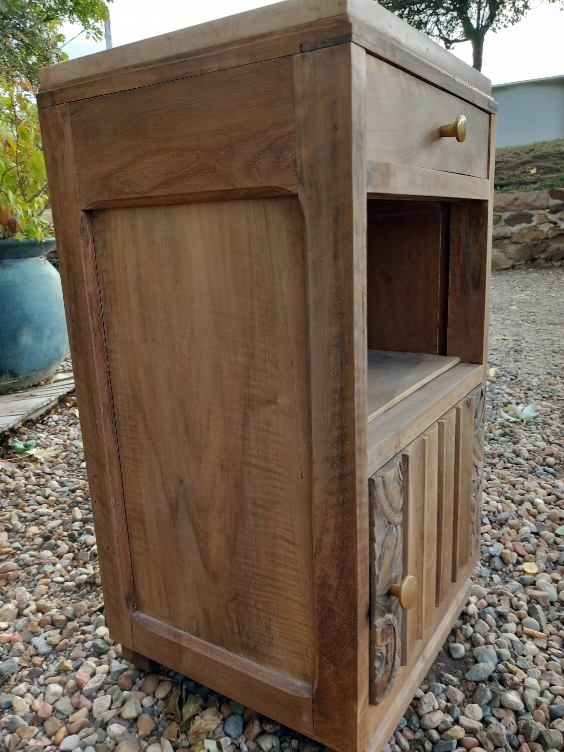 Petit meuble/chevet bois ancien et marbre rose