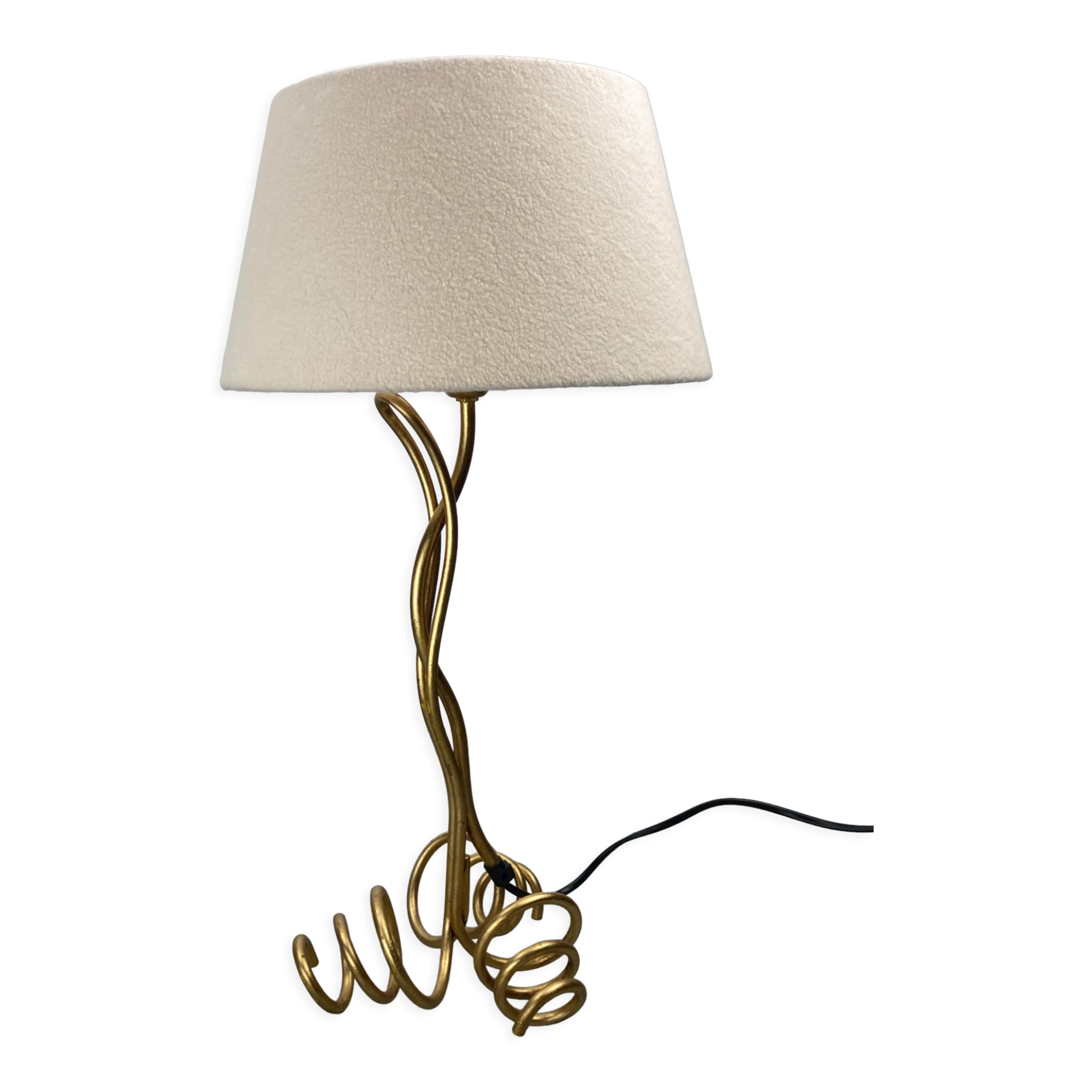 Vintage curly wavy free form label lamp, bouclé shade