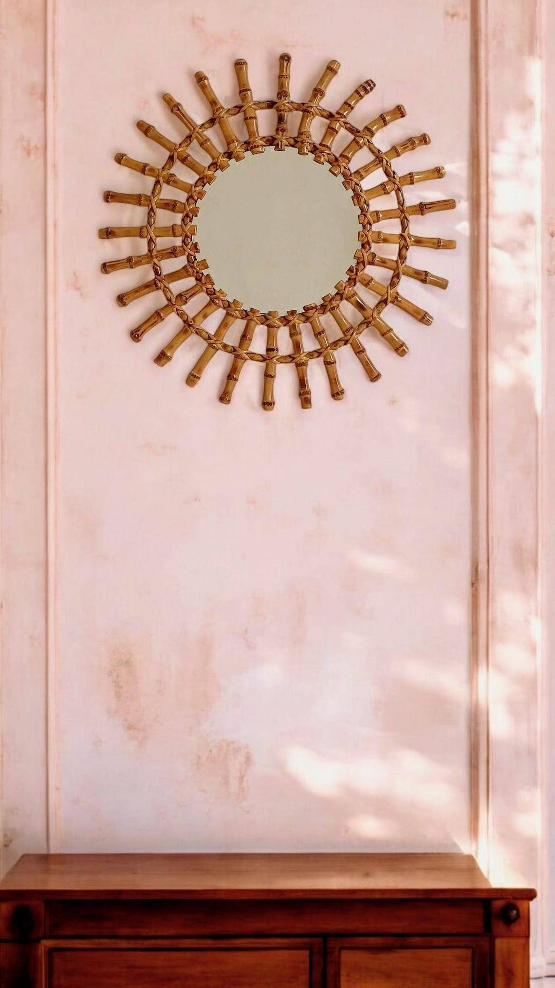 Midcentury Sunburst Mirror, Bamboo & Rattan, Handmade in France, 1950s