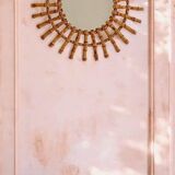 Midcentury Sunburst Mirror, Bamboo & Rattan, Handmade in France, 1950s