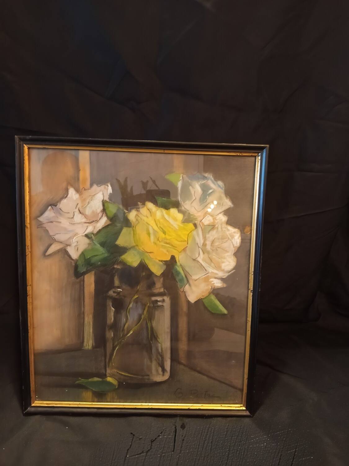 Élégante peinture originale – « Roses blanches et jaunes », signée G. Paulin