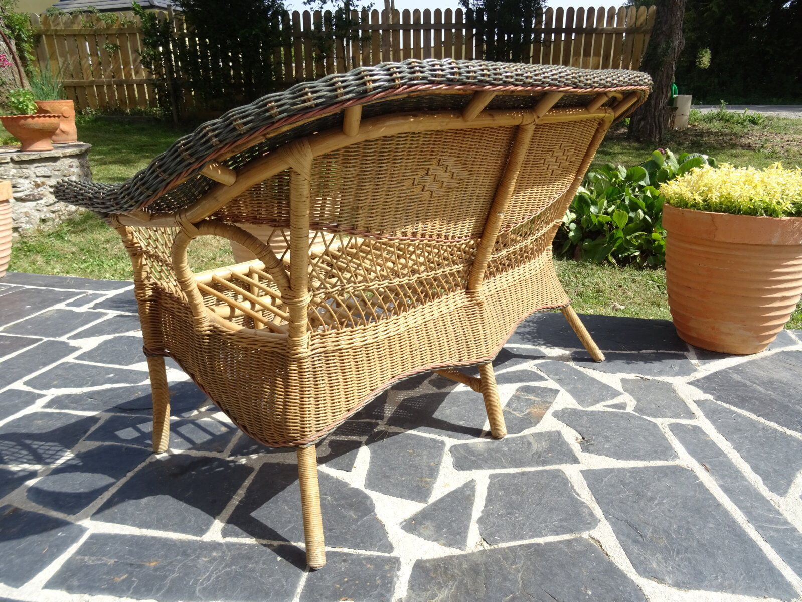 Vintage rattan lounge: one bench, two armchairs