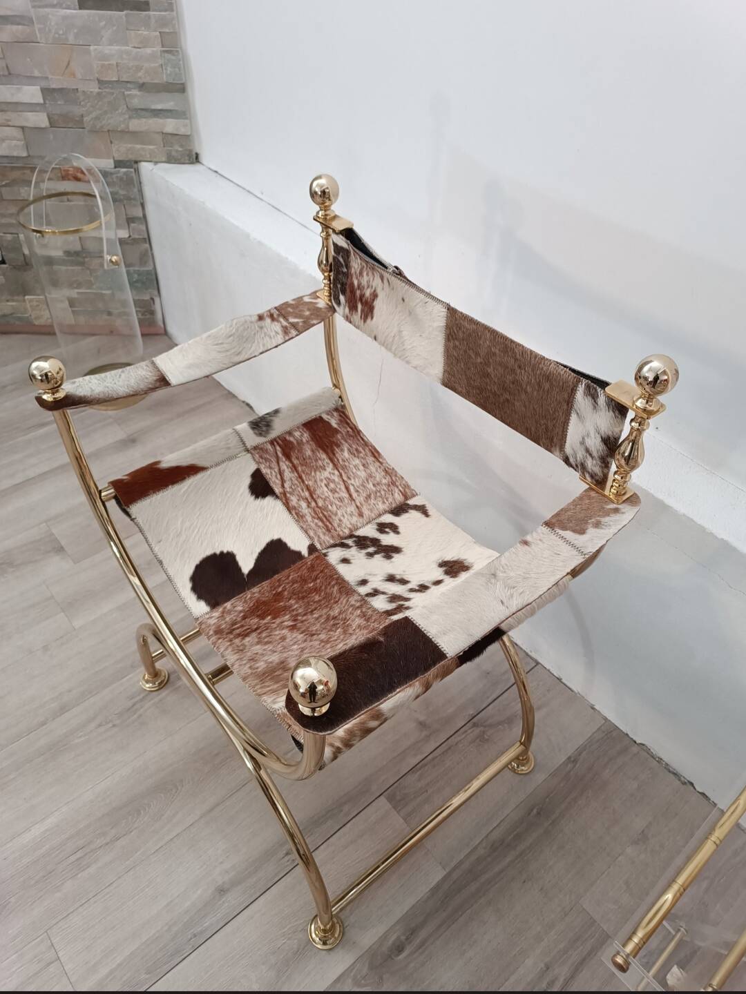 Leather and brass side chair by Simon Disegno Italy 1970s
