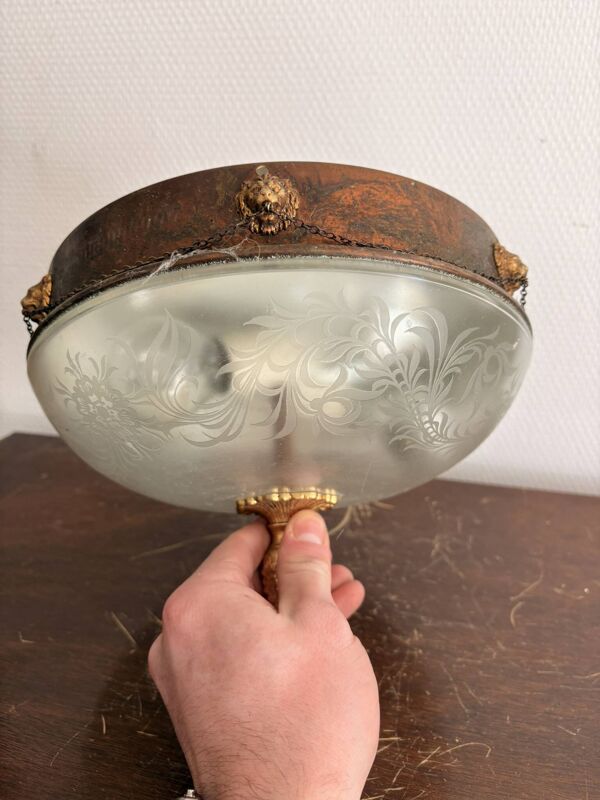 Plafonnier Vasque Néo Classique Verre Givré Directoire Empire Tête Lion