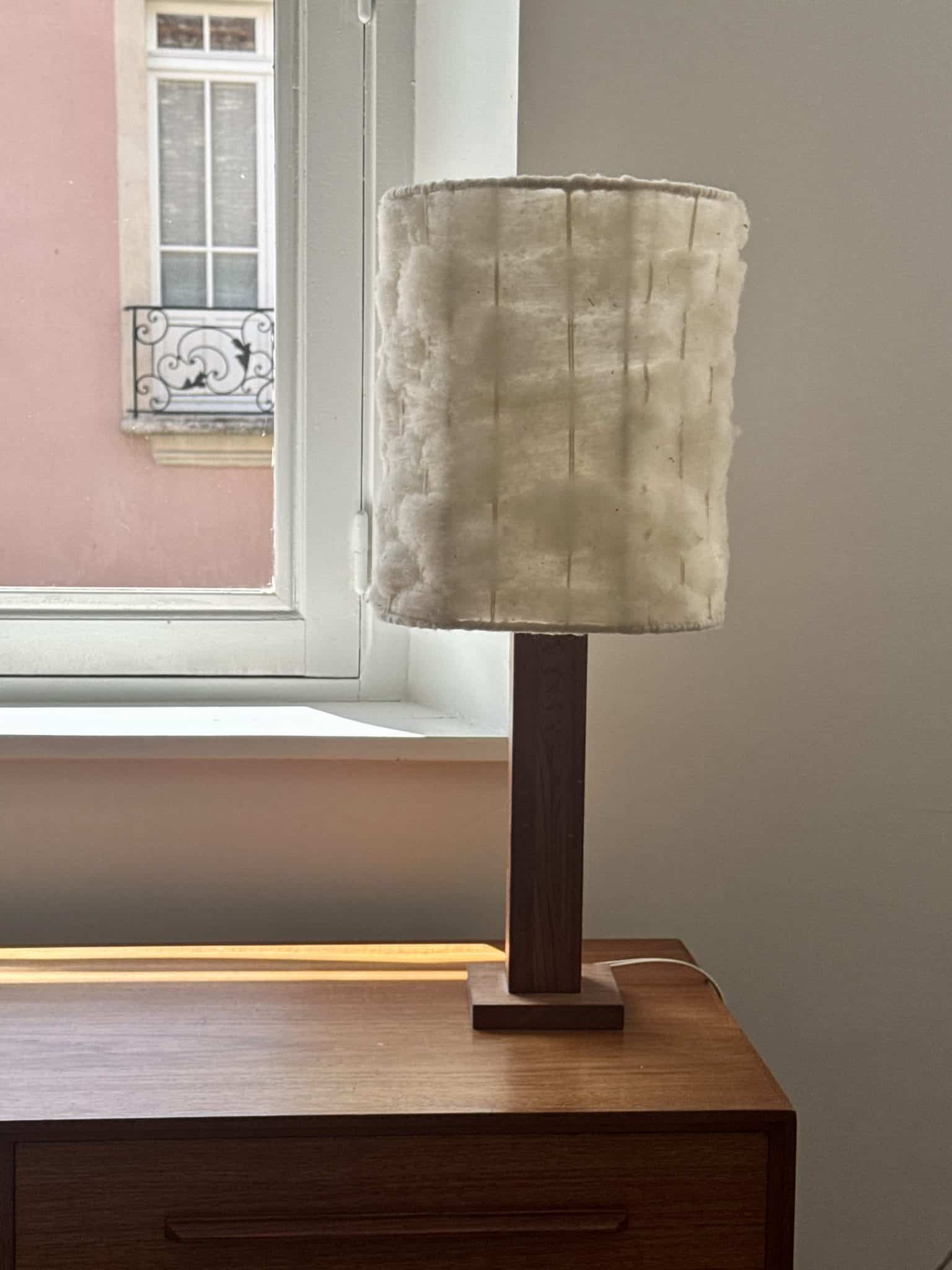 Vintage lamp made of wood and wool, 1970s.